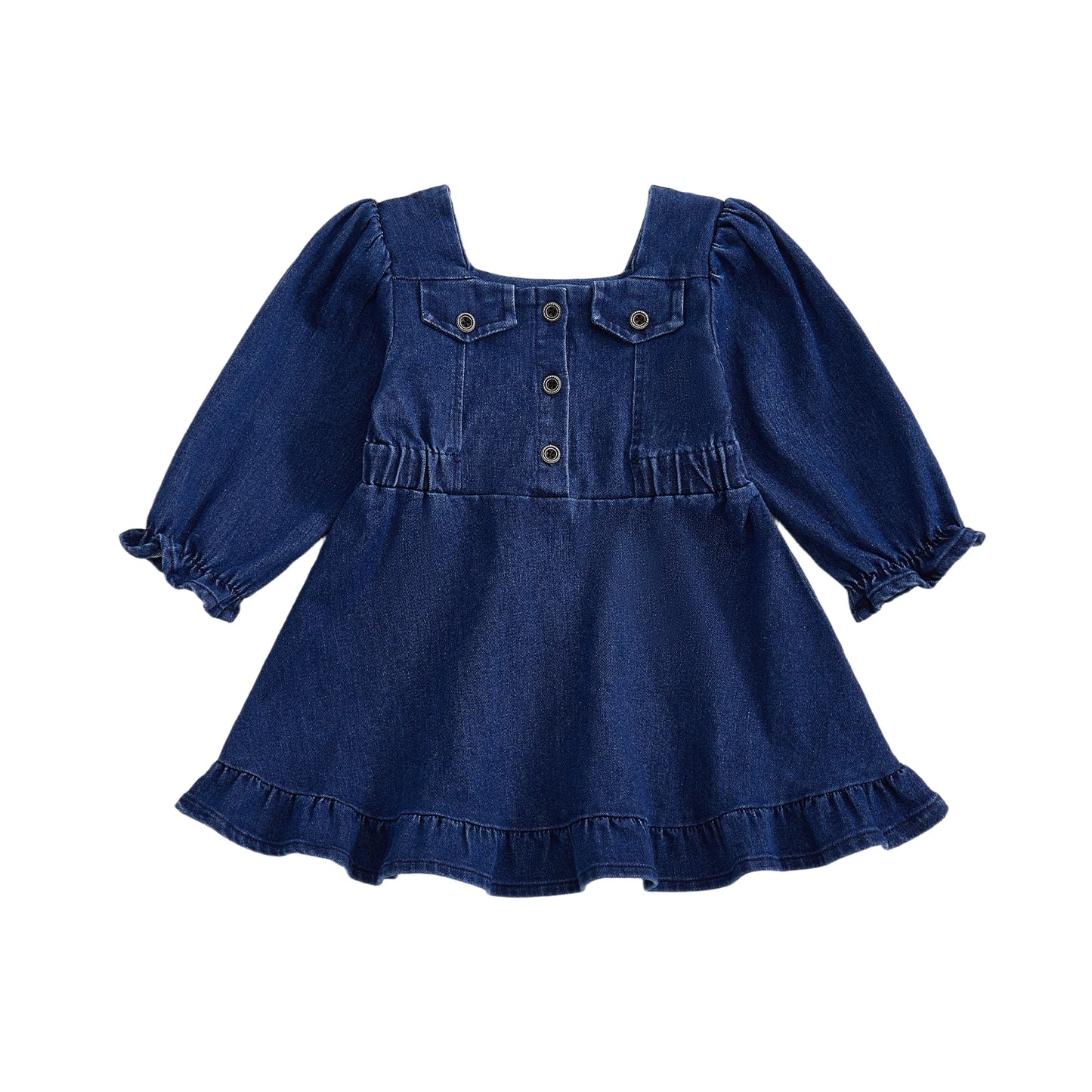 Baby Toddler Girl Denim Dress Long Puff Sleeve Button Down A-Line Dress Ruffle Dress