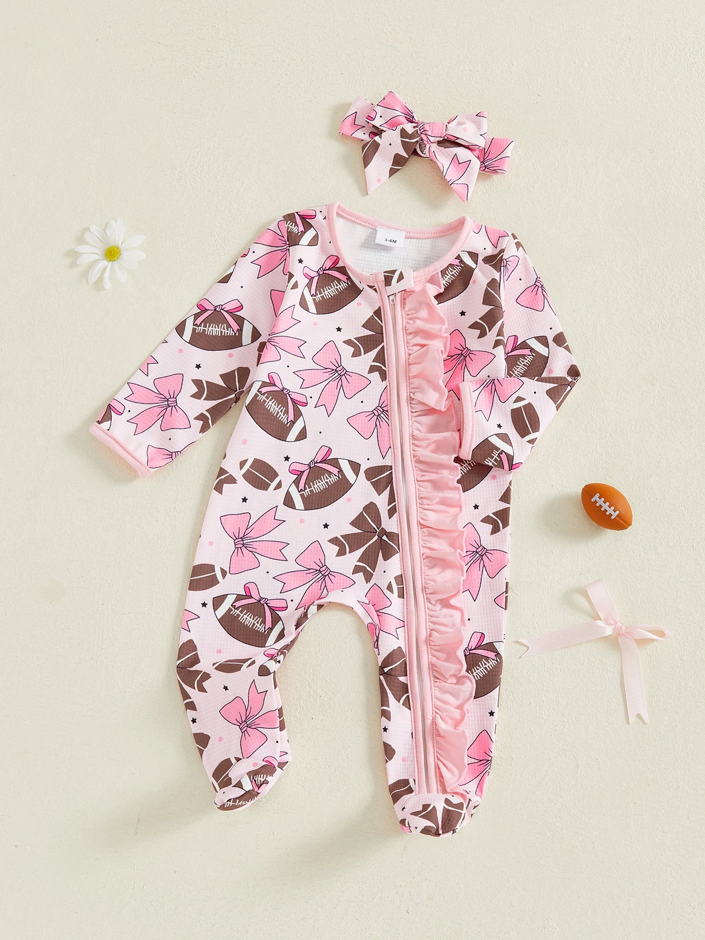 Baby Girl 2Pcs Footed Romper Fashionable Bow and Football Print Ruffled Long Sleeve Jumpsuit with Headband Set