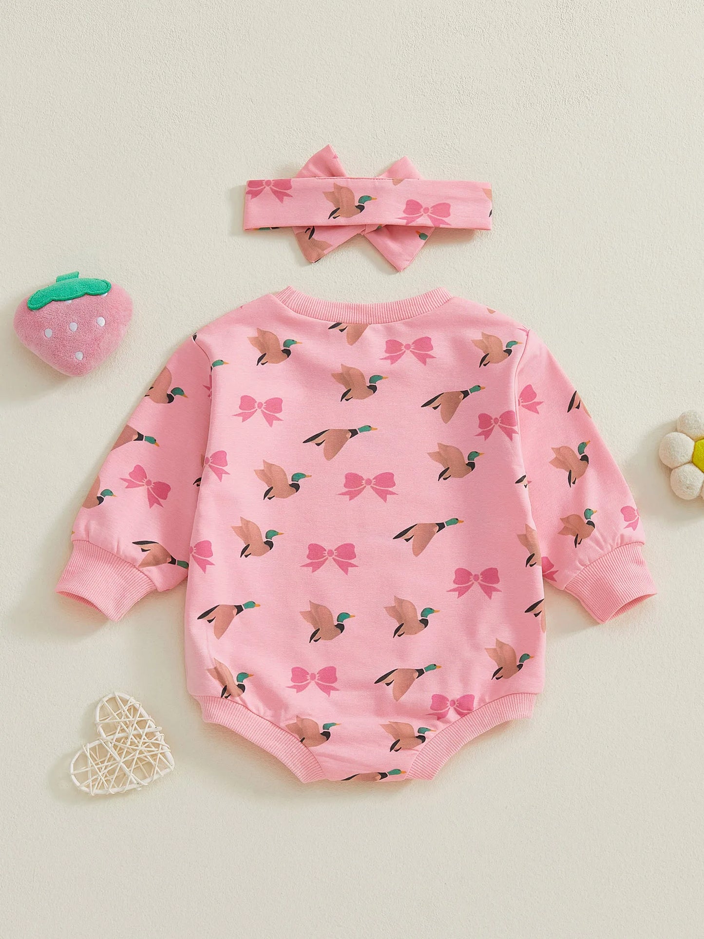 Baby Girls 2Pcs Romper Round Neck Duck and Bow Print Long Sleeve Jumpsuit with Headband Set