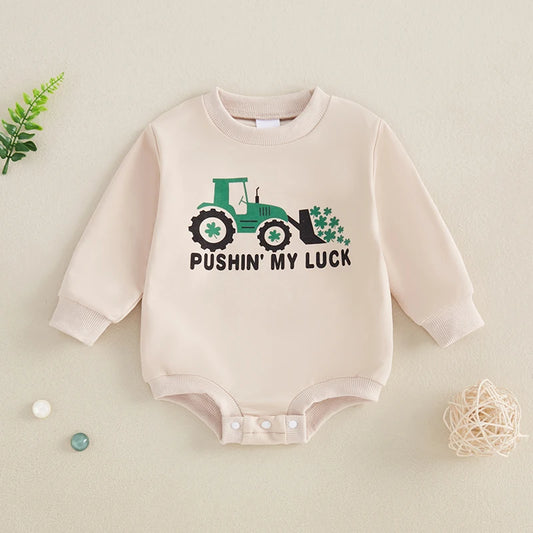 Baby Boys Pushin' My Luck Romper Letter Shamrock Tractor Print Long Sleeve Crew Neck Bubble Jumpsuit