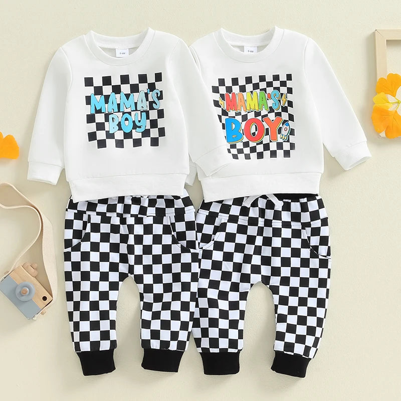 Baby Toddler Boys 2Pcs Mama's Boy Checkered Set Letter Print Long Sleeve Round Neck Top with Pocket Long Pants Outfit