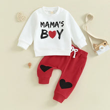 Load image into Gallery viewer, Baby Toddler Boy 2Pcs Valentine’s Day Outfits Long Sleeve Letters Mama&#39;s Boy Heart Print Top + Heart Knee Jogger Pants Set

