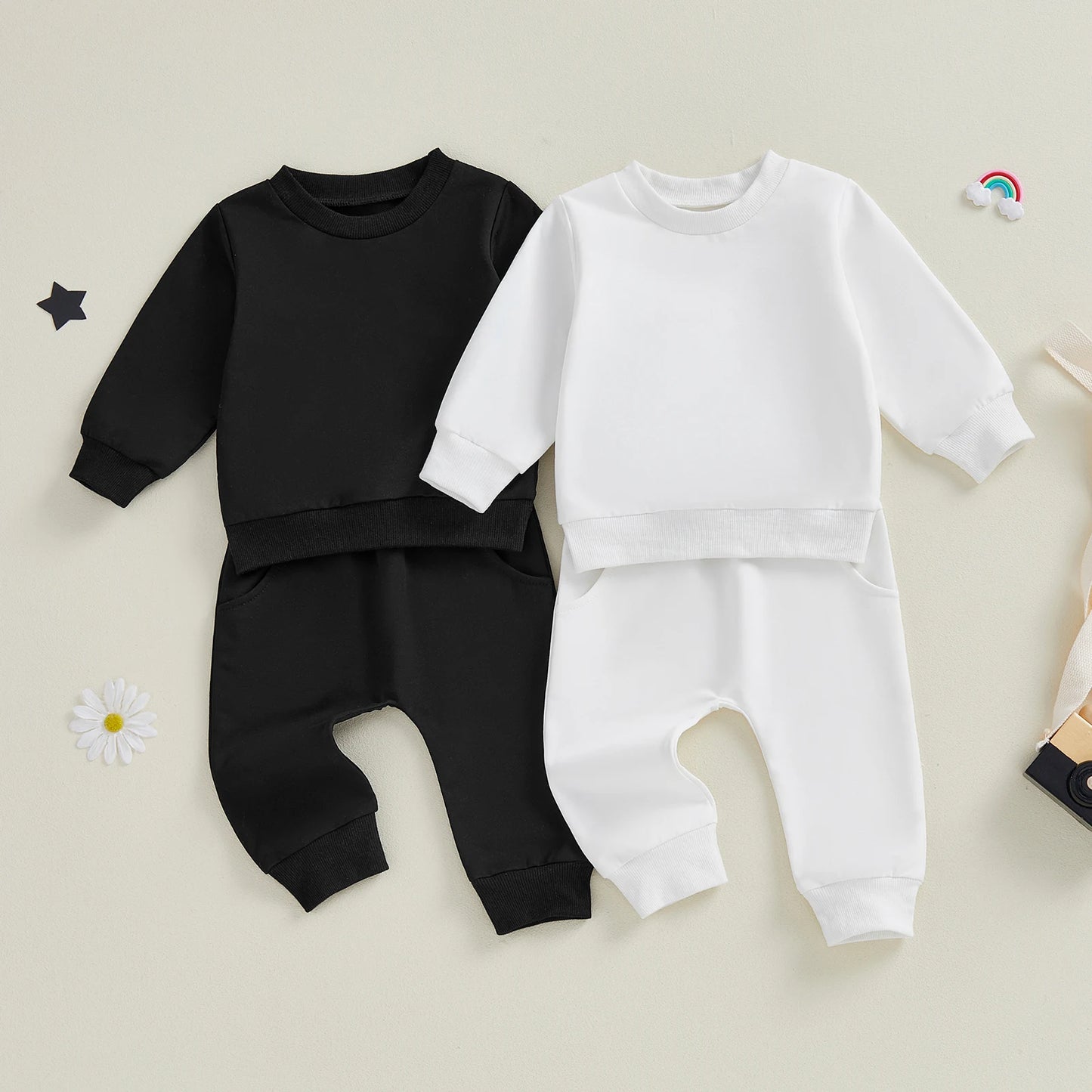 Baby Toddler Boy Girl 2Pcs Spring Fall Outfits Solid Color Long Sleeve Round Neck Pullover Top + Elastic Waist Long Pants Jogger Set