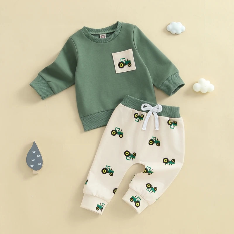 Baby Toddler Boy 2Pcs Spring Outfit Tractor Long Sleeve Crewneck Top Long Pants Jogger Set Farm Clothes