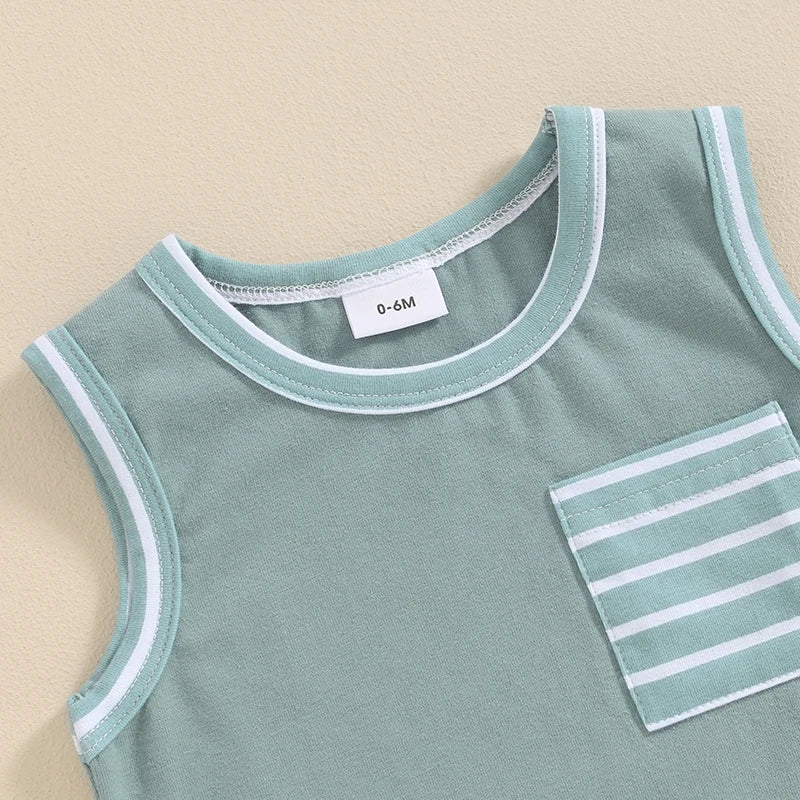 Baby Toddler Boys 2Pcs Summer Outfit Pocket Sleeveless Tank Top and Stripe Elastic Waist Shorts Clothes Set