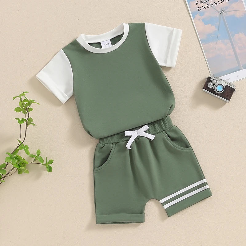 Toddler Baby Boys 2Pcs Short Sleeve Contrast Color Top and Drawstring Shorts Stripes Set Outfit