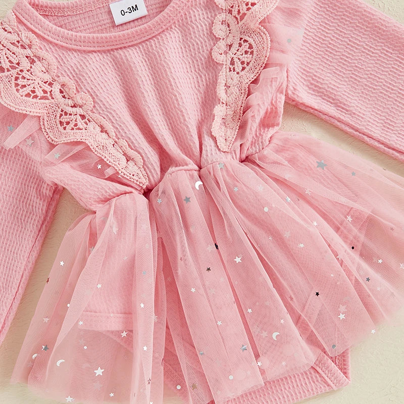 Baby Girls 2Pcs Outfit Ruffle Sequin Tulle Long Sleeve Romper Dress Tutu and Headband Bow Set