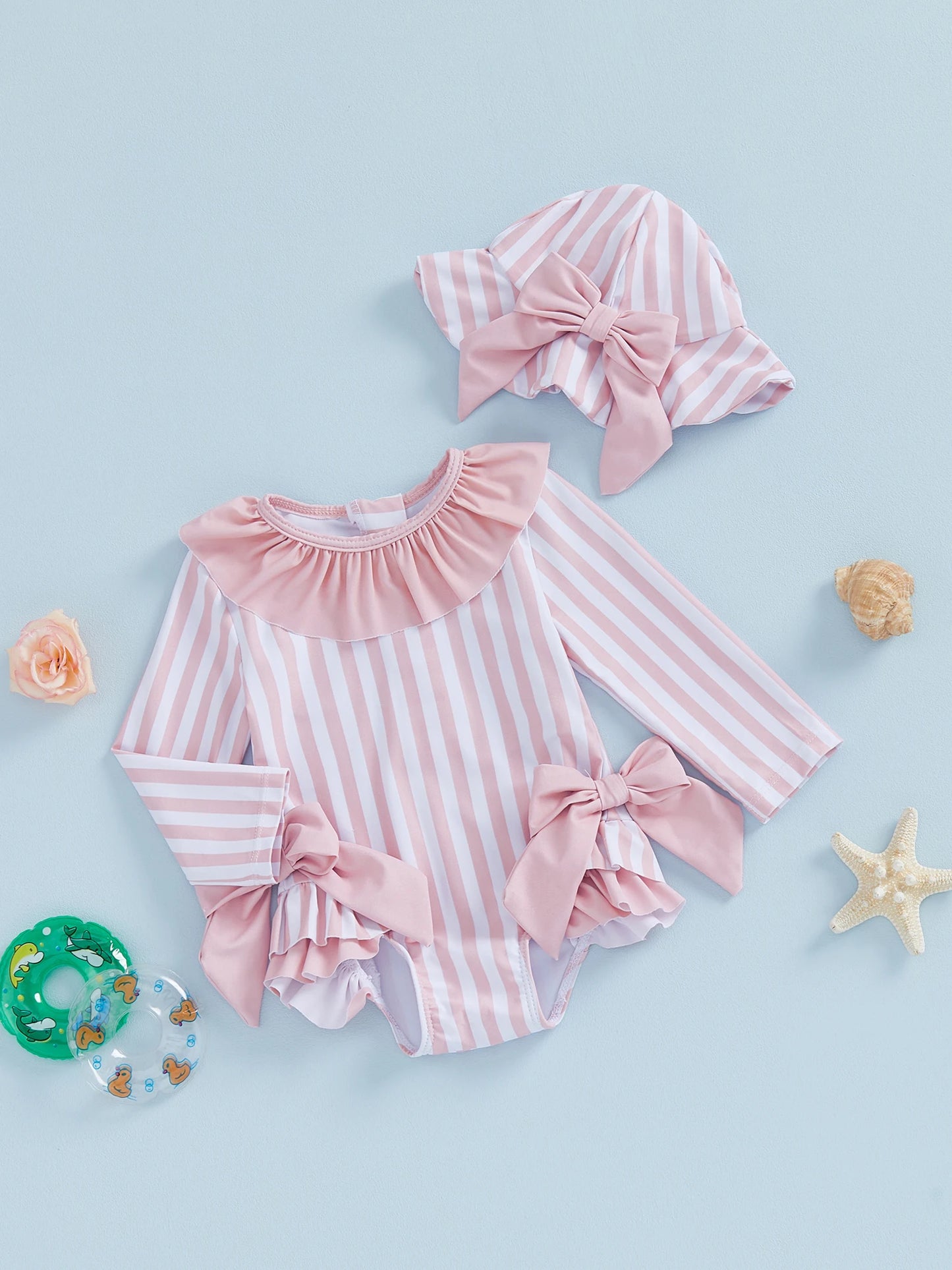 Baby Toddler Girls 3Pcs Swimsuit Ruffles Collar Long Sleeve Striped Print Bow Swimwear with Hat Set