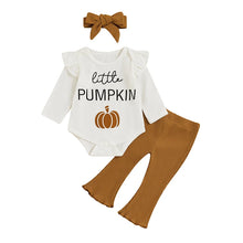 Load image into Gallery viewer, Baby Girls 3Pcs Little Pumpkin Halloween Outfit Pumpkin Print Ruffle Long Sleeve Romper Ribbed Flare Pants Headband Set
