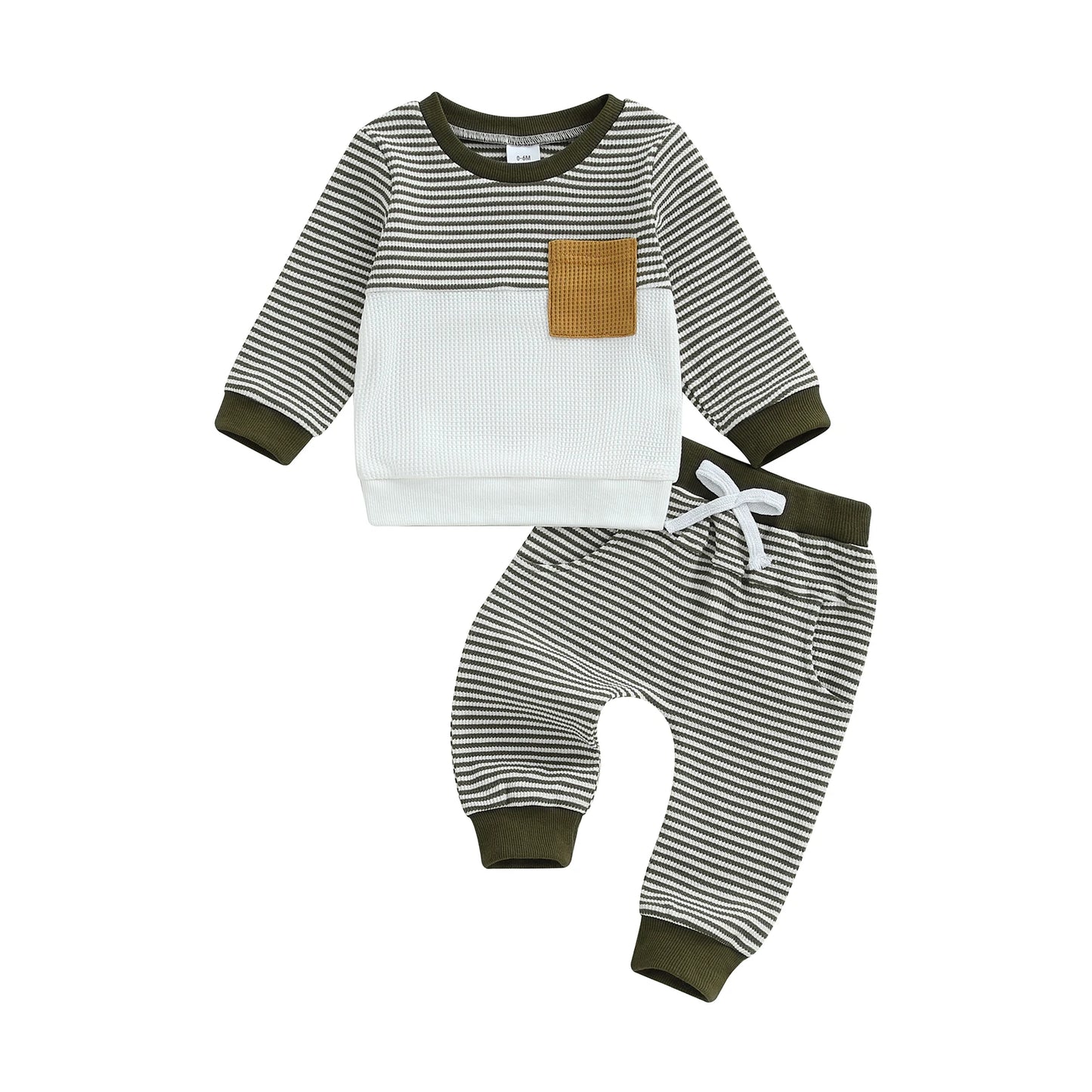 Baby Toddler Boys 2Pcs Fall Waffled Outfits Stripe Pocket Long Sleeve Round Neck Pullover + Elastic Waist Pants Jogger Set