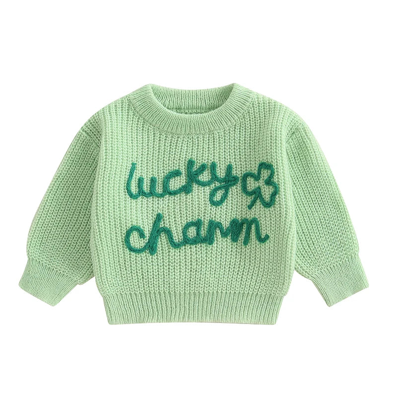 Baby Toddler Boys Girls Lucky Charm St. Patrick's Day Irish Sweater Shamrock Letter Embroidery Long Sleeve Crew Neck Knitwear Pullover Top