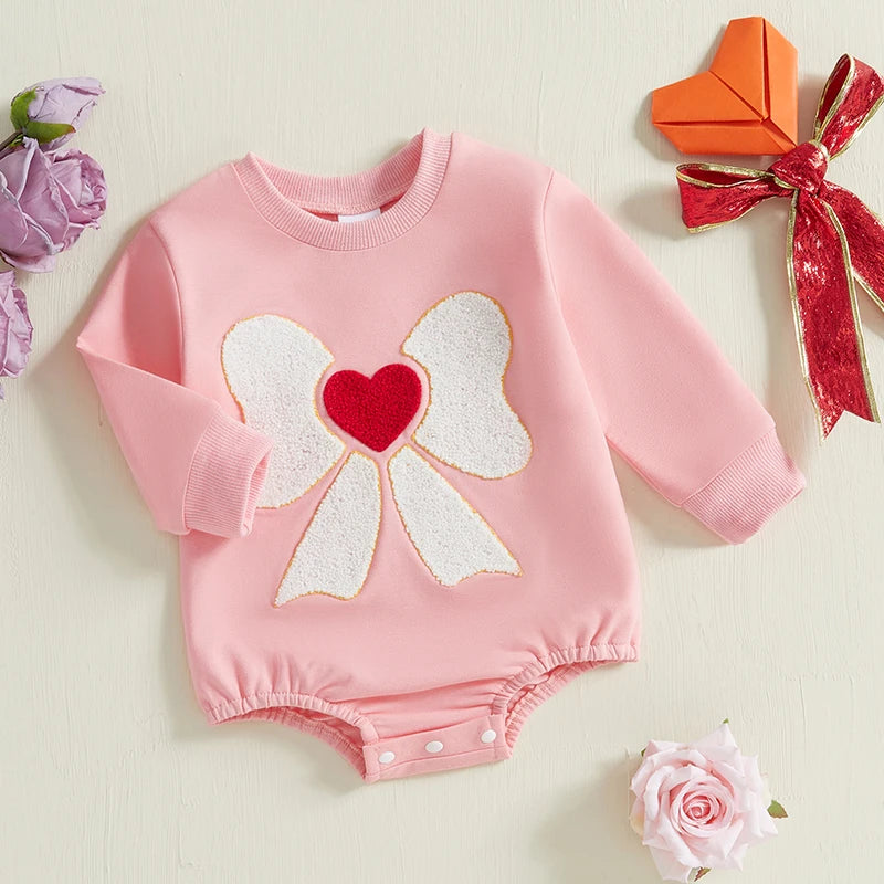 Baby Girl Romper Long Sleeve Round Neck Heart Bow Embroidery Bodysuit Valentine's Day