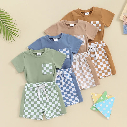 Toddler Baby Boy 2Pcs Spring Summer Outfits Short Sleeve Top Checker Print Pocket Shorts Clothes Set