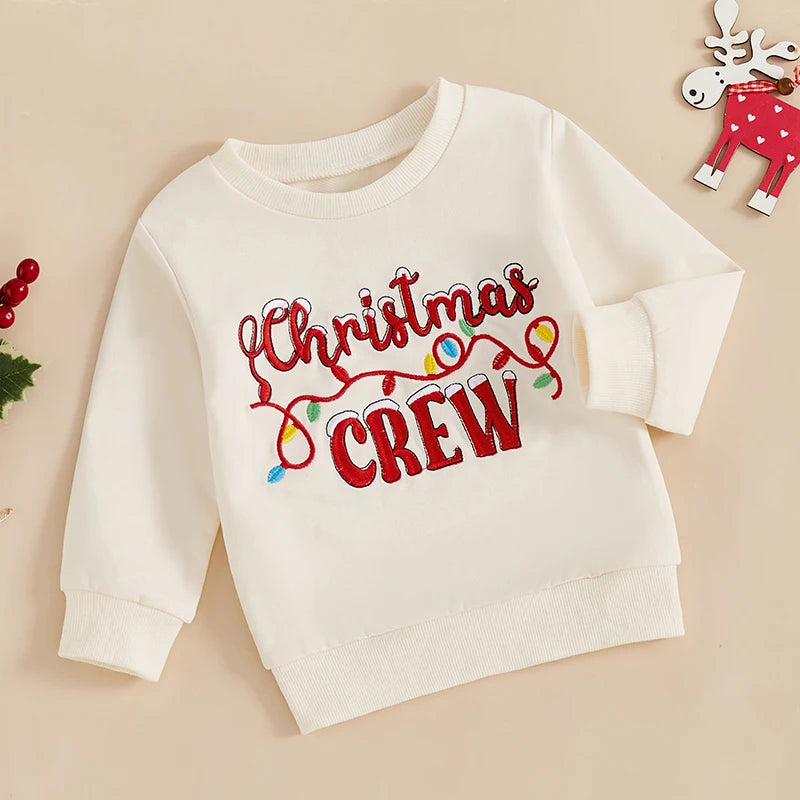 Baby Toddler Boys Girls Christmas Crew Letter Lights Embroidered Long Sleeve Round Neck Pullover Top