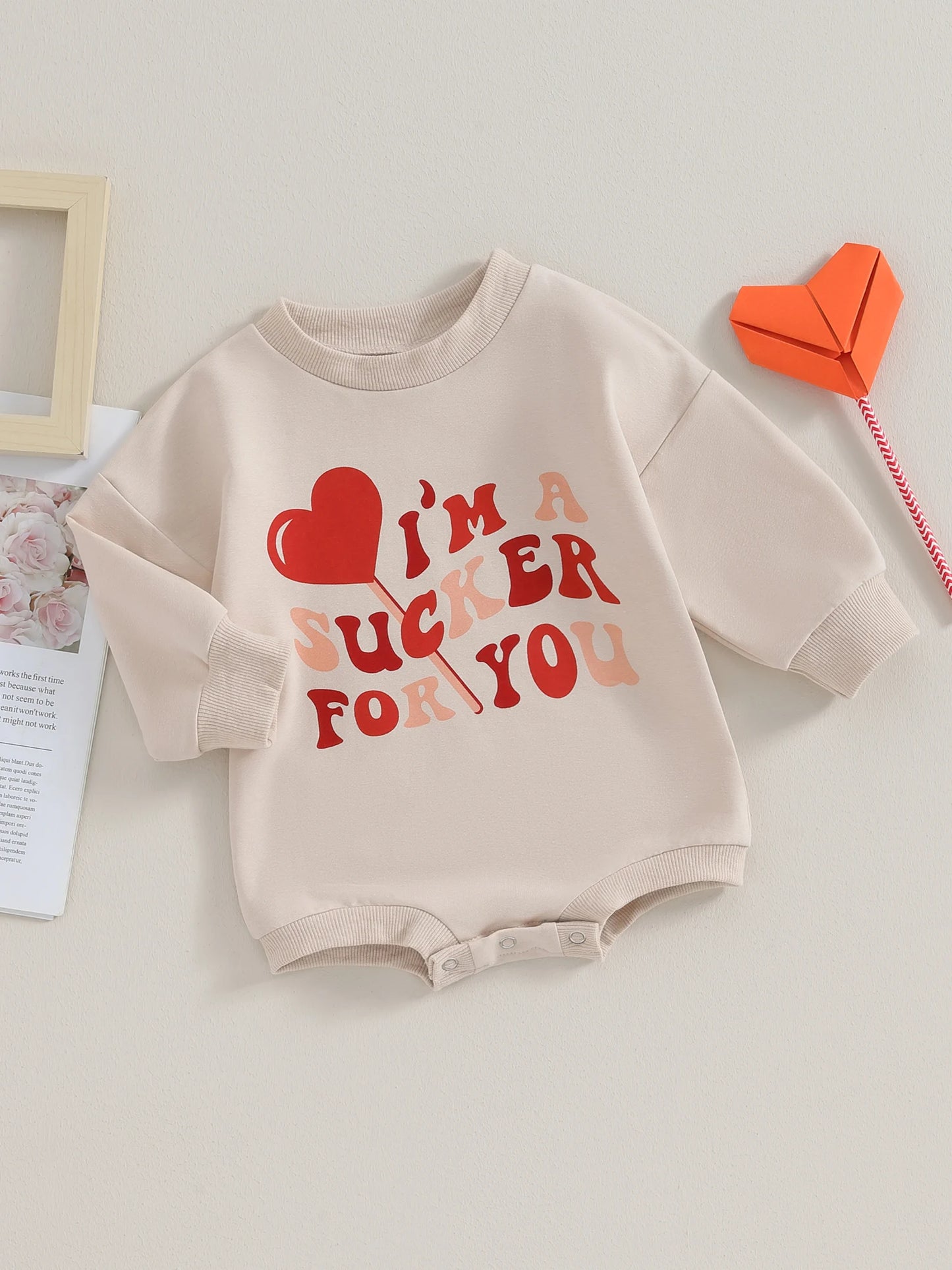 Baby Boy Girl Bubble Romper Long Sleeve Letters I'm A Sucker For You Heart Print Round Neck Jumpsuit Valentine's Day