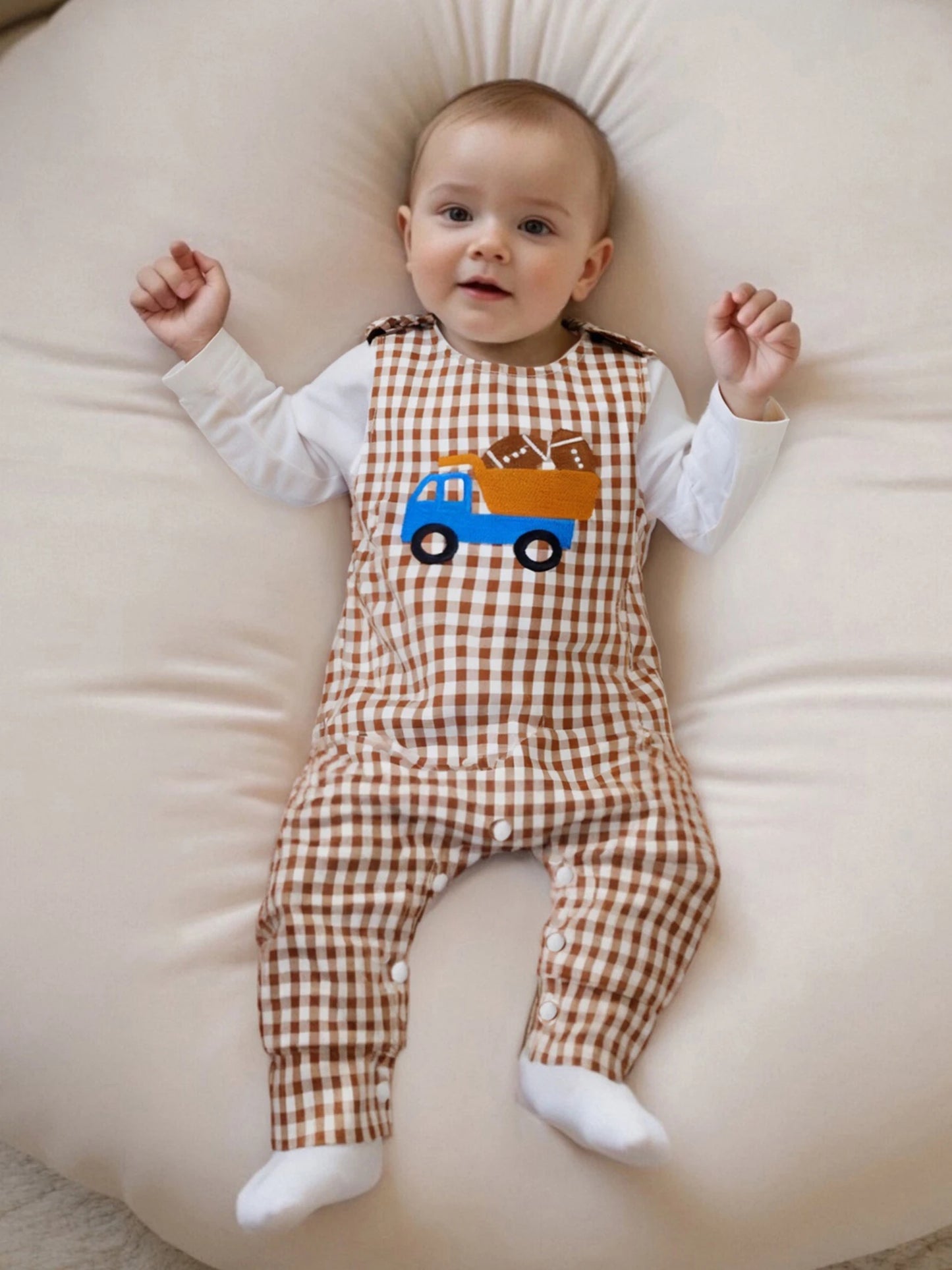 Baby Boy 2Pcs Fall Outfit Crew Neck Long Sleeve Romper and Truck Football Embroidery Plaid Overall Pants Set