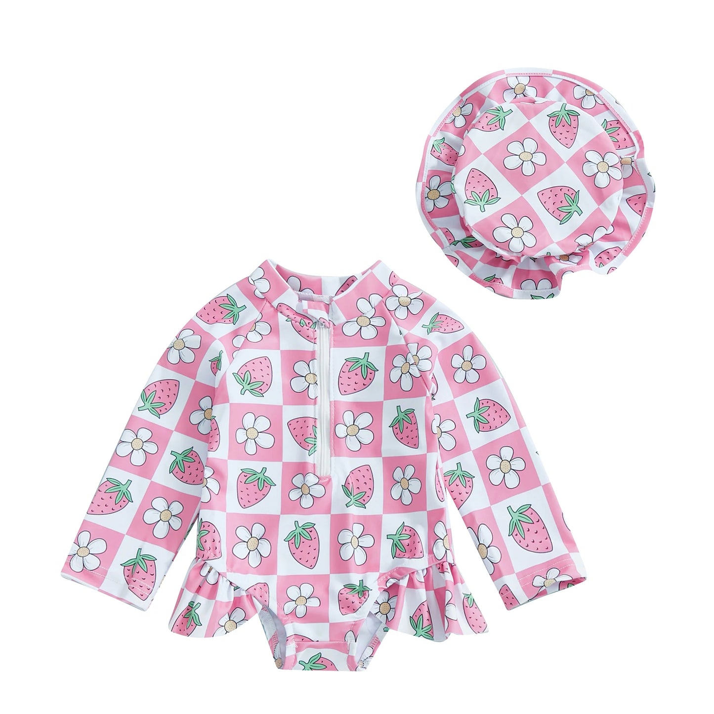 Baby Toddler Girls 2Pcs Rash Guard Swimsuit with Hat Bow Floral Print Zip Up Long Sleeve Crew Neck Swimwear Bathing Suit Set