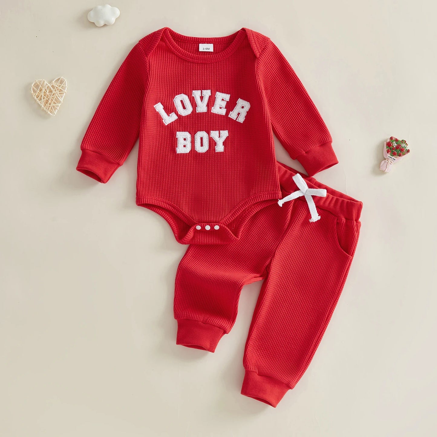 Baby Boys 2Pcs Lover Boy Valentine's Day Outfit Long Sleeve Crew Neck Letter Embroidery Romper Drawstring Jogger Pants Set