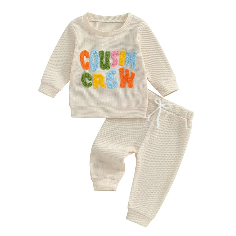 Baby Toddler Girls Boys 2Pcs Cousin Crew Set Long Sleeve O-Neck Embroidery Letter Top with Elastic Waist Pants Outfit Set