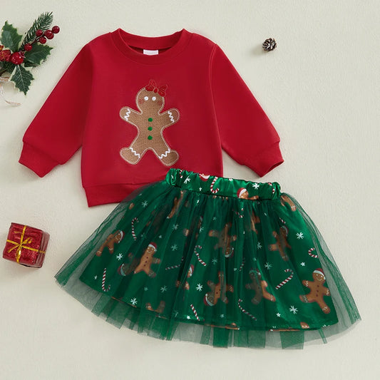 Baby Toddler Girls 2Pcs Christmas Outfit Long Sleeve Gingerbread Embroidery Crewneck Top + Tulle Tutu Skirt Set