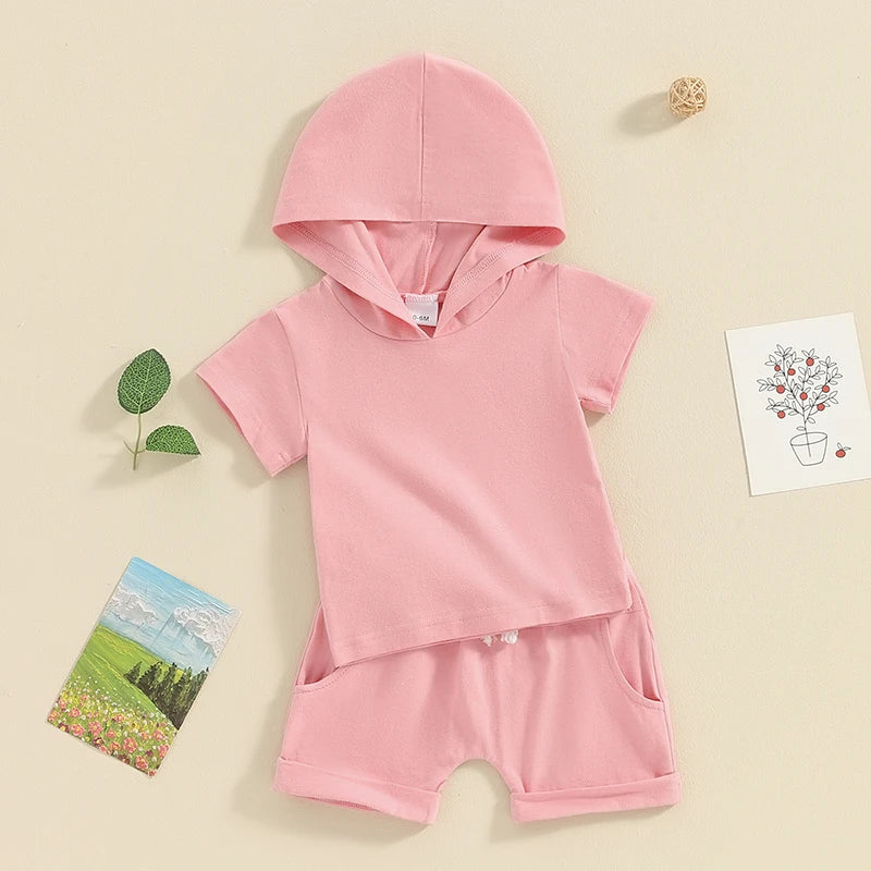 Toddler Baby Girl Boy 2Pcs Outfit Solid Color Hooded Short Sleeve Top and Shorts Set