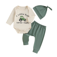 Load image into Gallery viewer, Baby Boys 3Pcs A Little Dirt Never Hurt Fall Outfit Letter Tractor Print Long Sleeve Romper and Elastic Pants Beanie Hat Set
