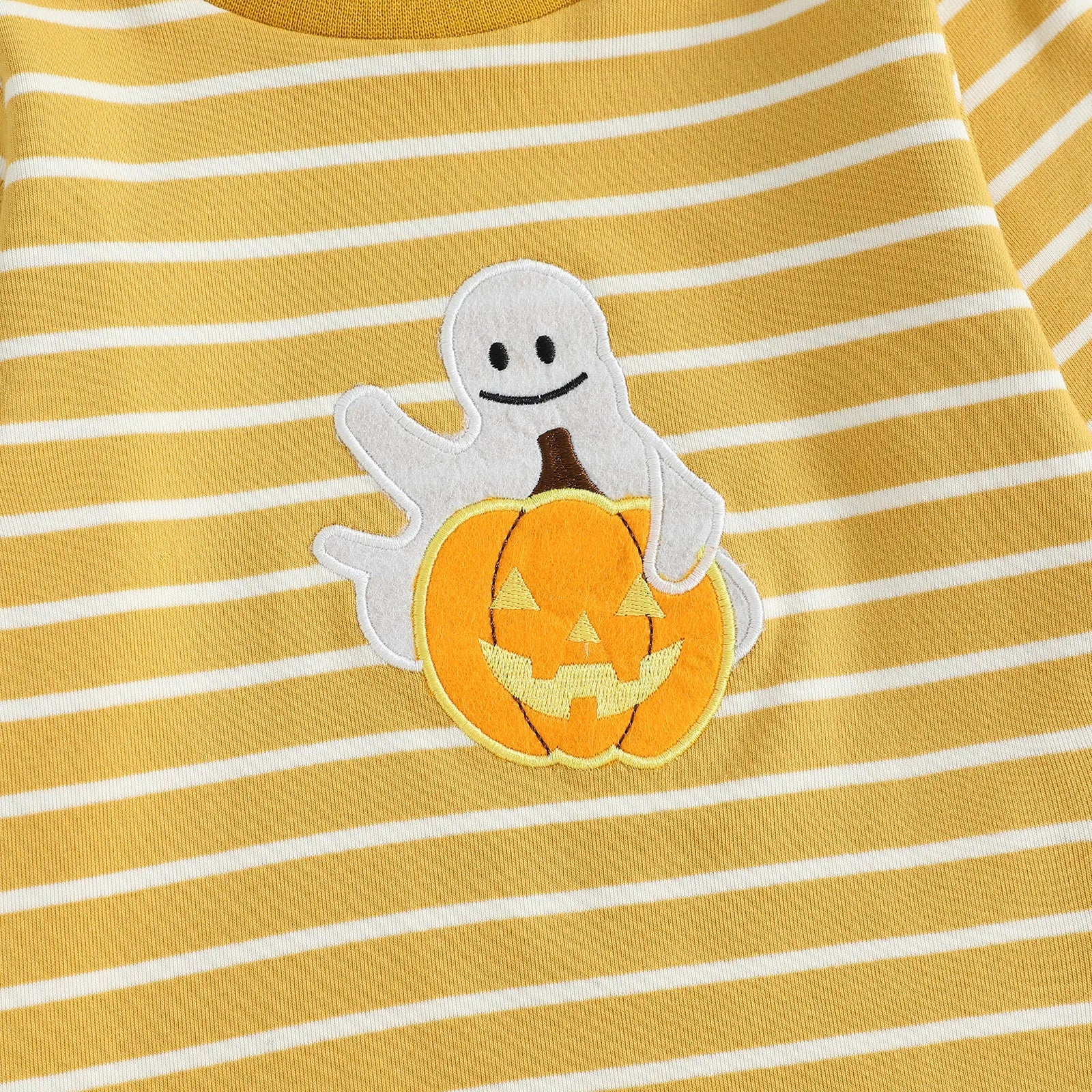 Baby Toddler Girls Boys 2Pcs Halloween Pajamas Set Long Sleeve Embroidery Pumpkin Ghost Top with Striped Pants Sleepwear