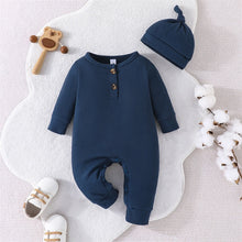 Load image into Gallery viewer, Baby Boy Girl 2Pcs Fall Romper Outfits Long Sleeve Round Neck Button Up Jumpsuit with Hat
