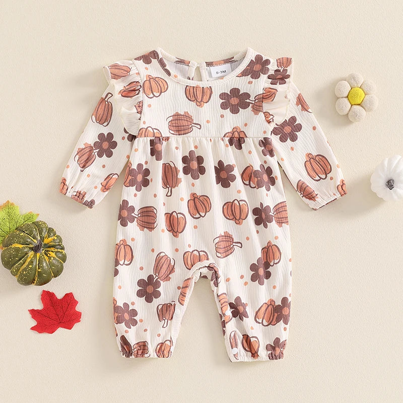 Baby Girl Halloween Thanksgiving Ruffle Romper Pumpkin Flower Print Long Sleeve Full Length Jumpsuit for Fall