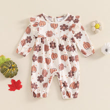 Load image into Gallery viewer, Baby Girl Halloween Thanksgiving Ruffle Romper Pumpkin Flower Print Long Sleeve Full Length Jumpsuit for Fall
