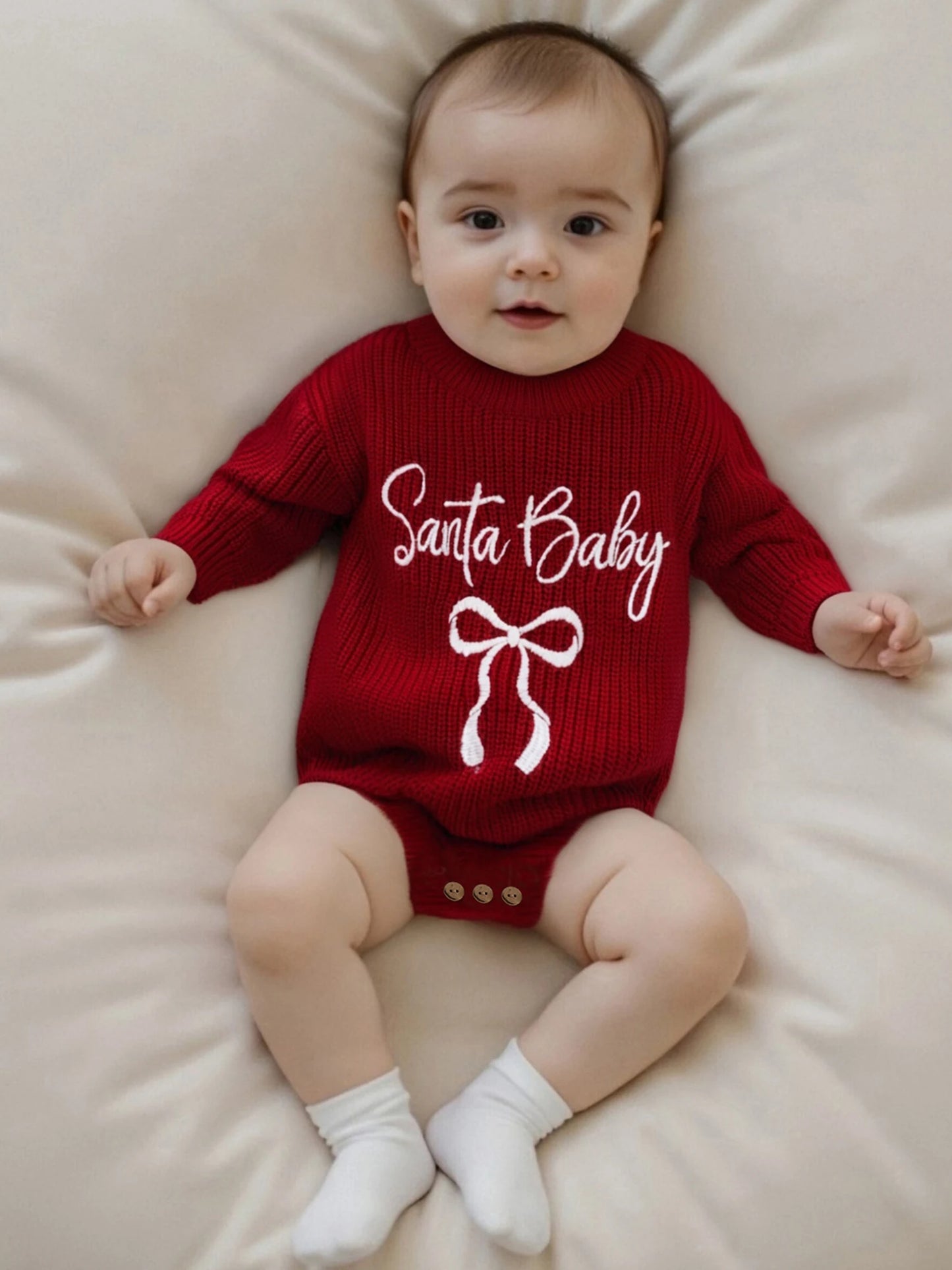 Baby Girl Santa Baby Christmas Romper Loose Fit Letter Bow Embroidery Ribbed Knit Long Sleeve Infant Winter Sweater