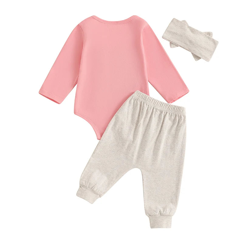 Baby Girls 3Pcs Lil Sister Outfit Letter Embroidery Long Sleeve Romper and Elastic Waist JOgger Pants Headband Bow Set