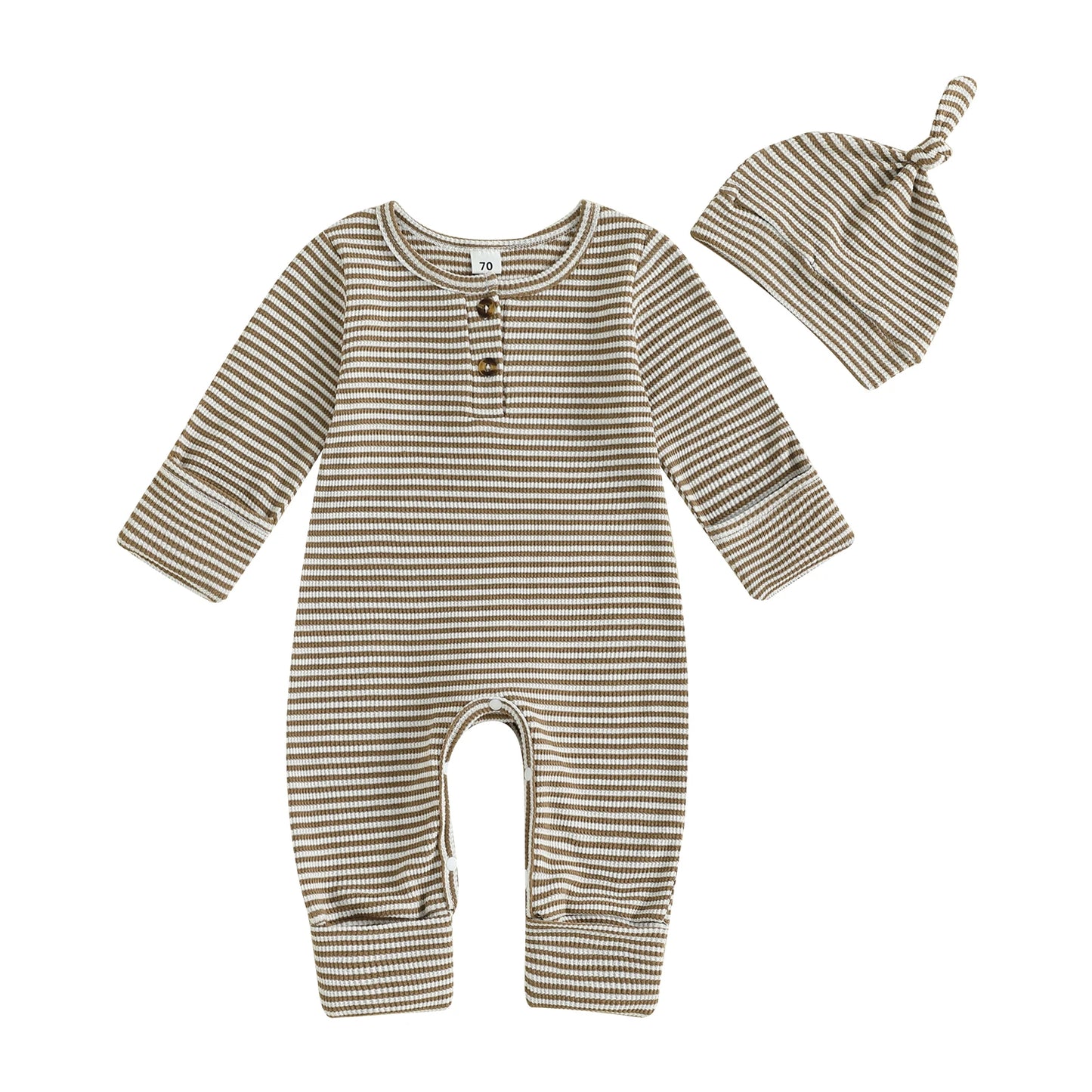 Baby Boys 2Pcs Fall Clothes Romper Stripe Print Long Sleeve Round Neck Full Length Jumpsuit with Hat Set