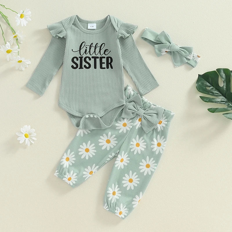 Baby Girls 3Pcs Little Sister Fall Outfit Letter Print Long Sleeve Romper with Daisy Flower Pattern Pants and Headband Set