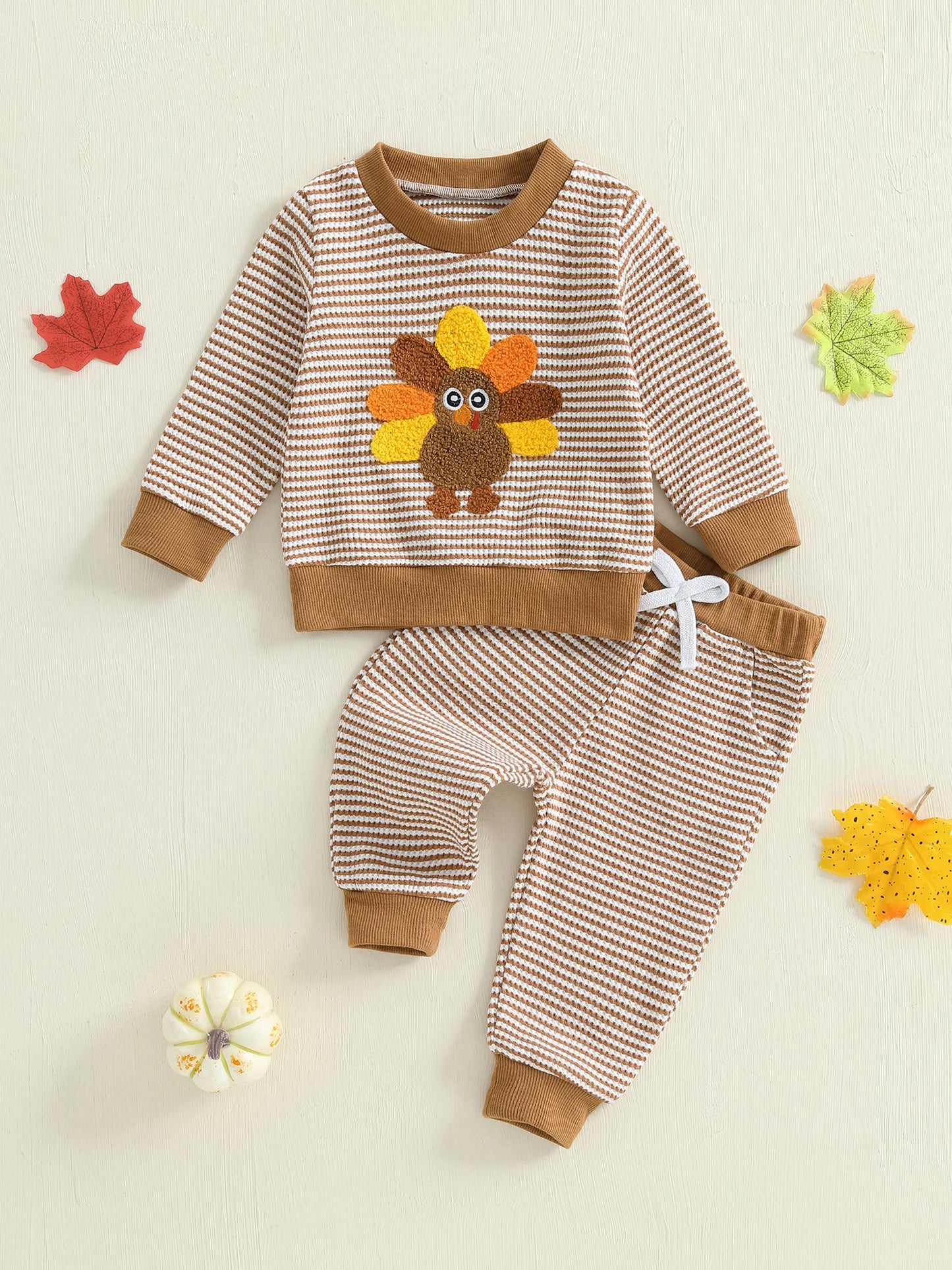 Baby Toddler Girls Boys 2Pcs Thanksgiving Outfits Turkey Embroidery Striped Long Sleeve Top and Elastic Pants Jogger Set