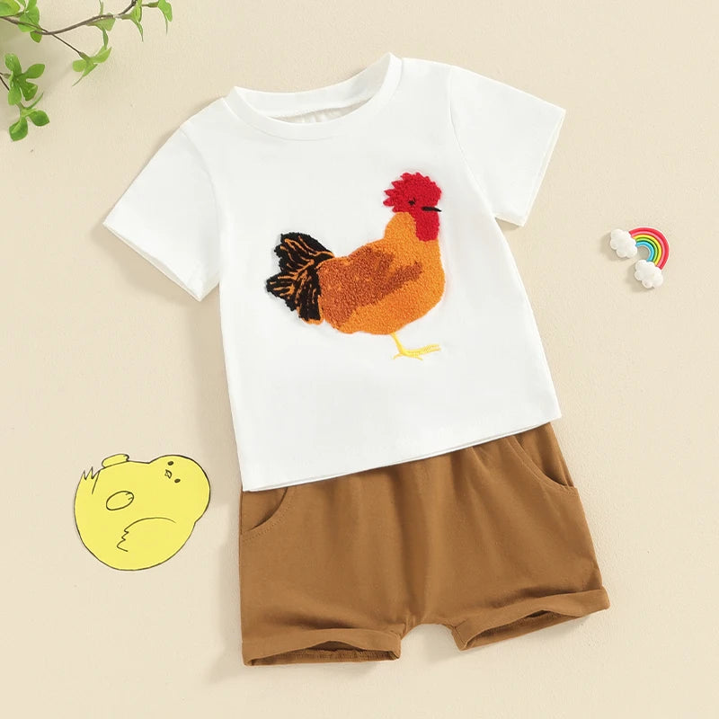 Baby Toddler Kids Boys 2Pcs Outfit Chicken Rooster Short Sleeve Top and Elastic Shorts  Set