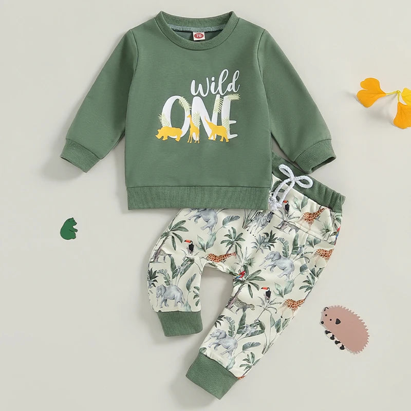 Baby Boys 2Pcs Wild ONE Outfit Long Sleeve Crew Neck Letter Print Top Jungle Animal Print Pants Fall Set