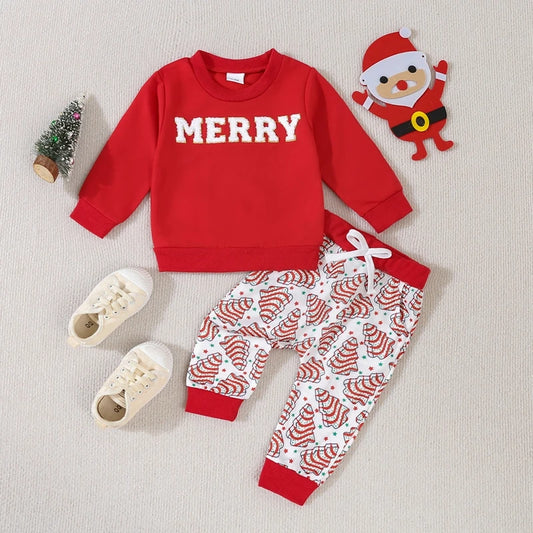 Baby Toddler Boys Girls 2Pcs Christmas Jogger Set Long Sleeve Merry Letter Print Crewneck Top Christmas Tree Print Drawstring Pants Outfit