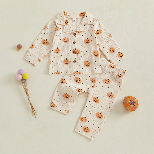 Baby Toddler Boys Girls 2Pcs Halloween Outfit Pumpkin Print Long Sleeve Shirt + Pants Set Loungewear