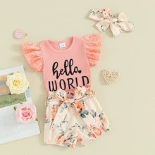 Load image into Gallery viewer, Baby Girls 3Pcs Hello World Newborn Short Sleeve Letter Print Fly Sleeve Romper with Floral Shorts and Headband Outfit Set
