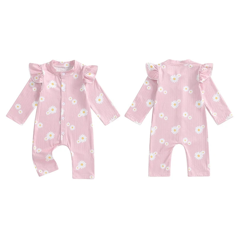 Baby Girls Button Romper Daisy Flower Print Ruffles Long Sleeve Jumpsuit