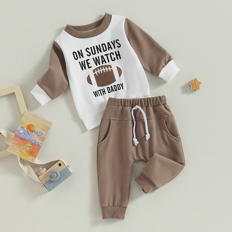 Baby Toddler Boys Girls 2Pcs Fall Outfits Football and On Sundays We Watch Football With Daddy Print Long Sleeve Top Long Pants