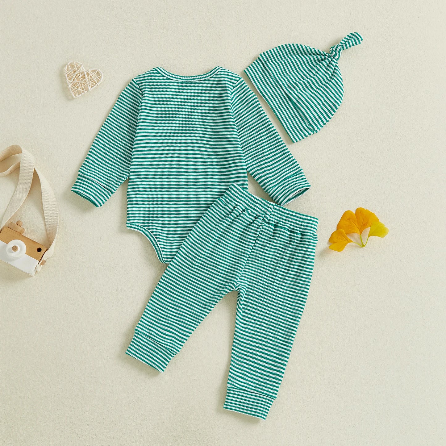 Baby Boys Girls 3Pcs Outfits Striped Crew Neck Long Sleeve Romper with Pants and Cap Beanie Hat Set