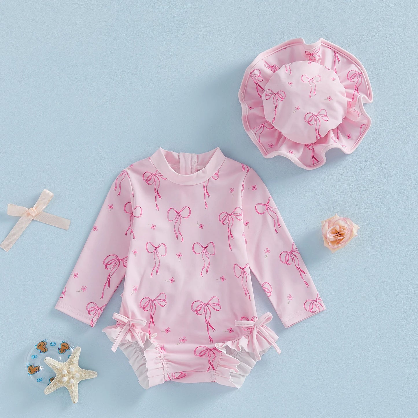 Baby Toddler Girls 2Pcs Rash Guard Swimsuit Set Girls Bow Print Long Sleeve Round Neck Ruffle Jumpsuit and Hat Set for Pool Beach