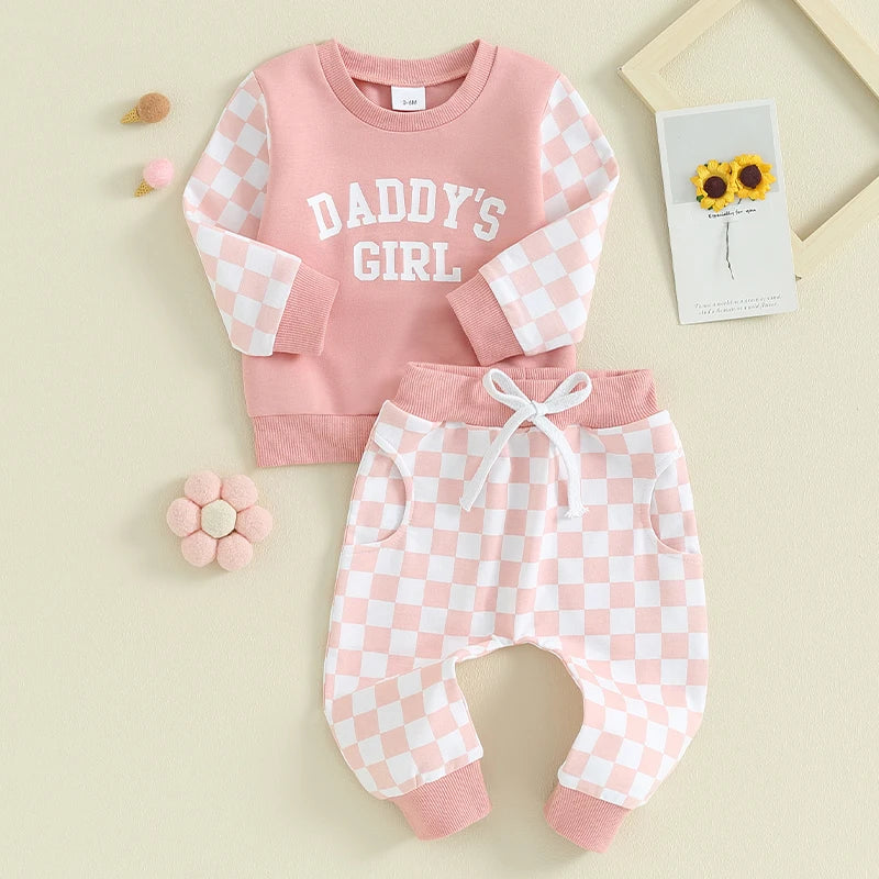 Toddler Baby Girl 2Pcs Daddy‘s Girl Letters Print Checkered Pattern Long Sleeve Crewneck Top Jogger Pants Set Outfit