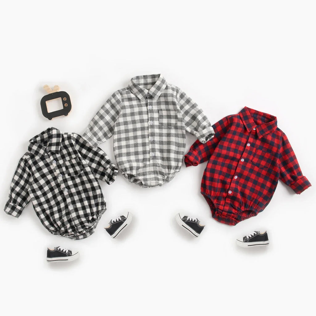Button Up Plaid  Bodysuit Romper