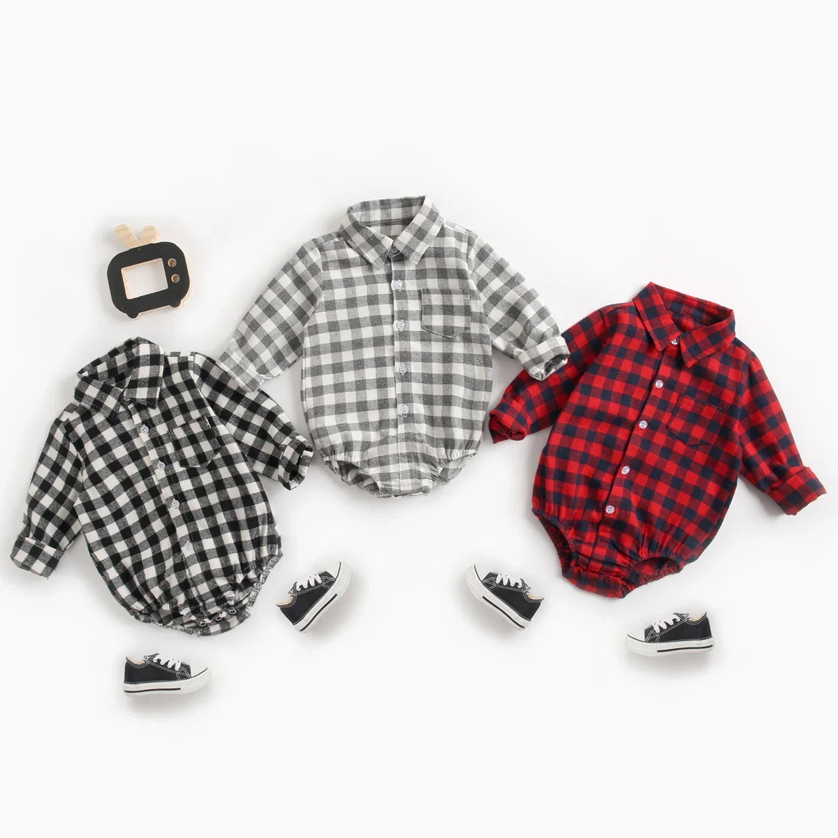 Button Up Plaid  Bodysuit Romper