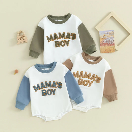 Baby Boy Bubble Romper Letter Mama's Boy Long Sleeve Crewneck Jumpsuit