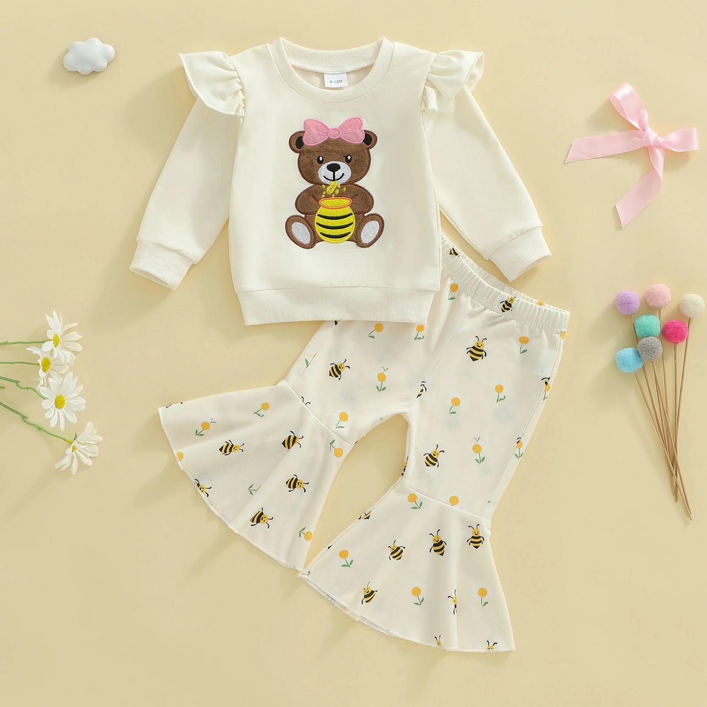 Baby Toddler Girls 2Pcs Pants Sets Long Sleeve O Neck Bear Embroidery Top Bee Print Flared Pants