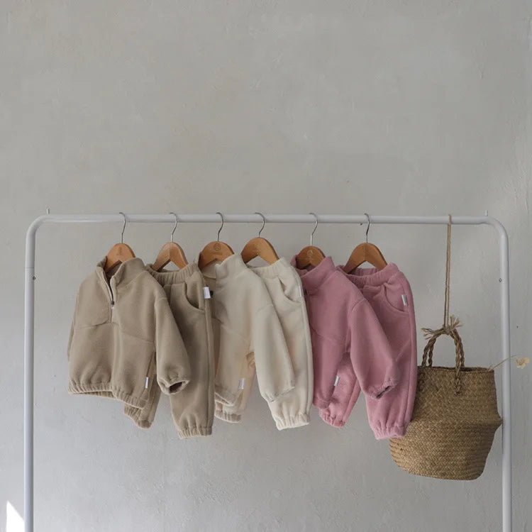 Toddler Kid Boy Girl 2Pcs Winter Clothes Set Fleece Warm Pullover Top Pant Thick Two Piece Jogger Set Loose Outfit